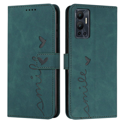 Teal leather phone case with heart pattern, flip cover and cutouts for camera and buttons