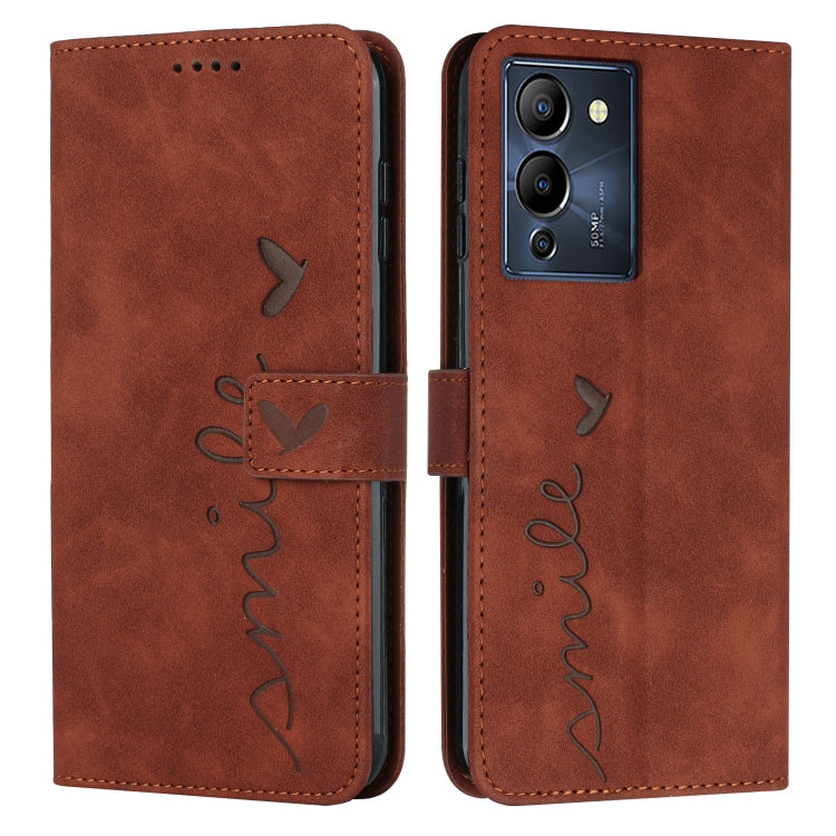 Brown leather-style phone wallet case with heart script pattern and phone camera cutout