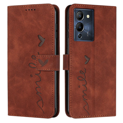 Brown leather-style phone wallet case with heart script pattern and phone camera cutout