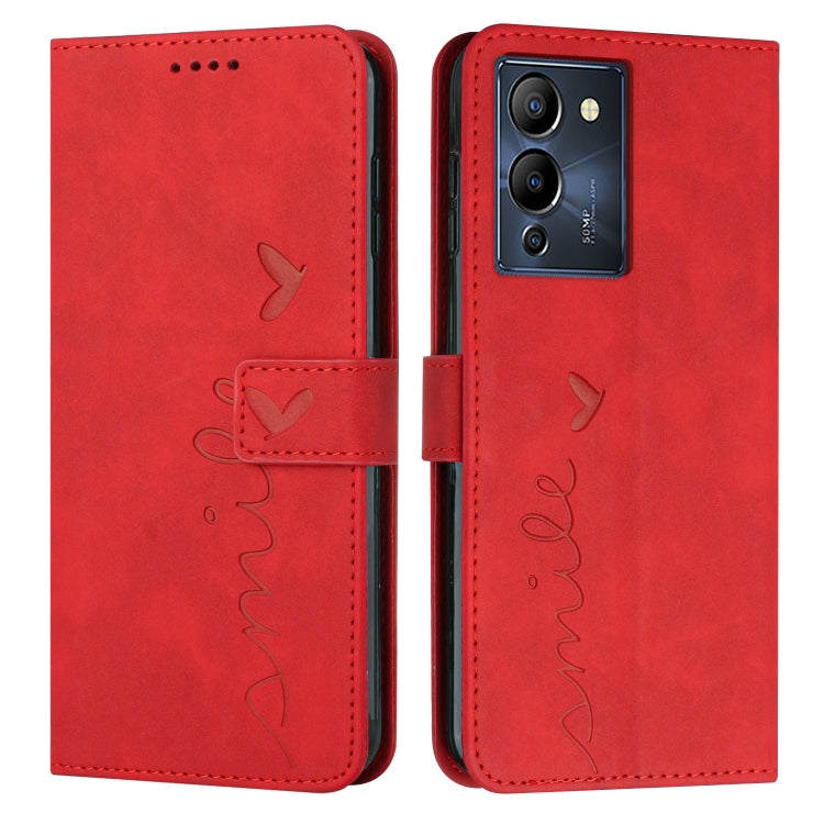 Red leather phone case with heart pattern, flip cover and cutouts for camera and buttons