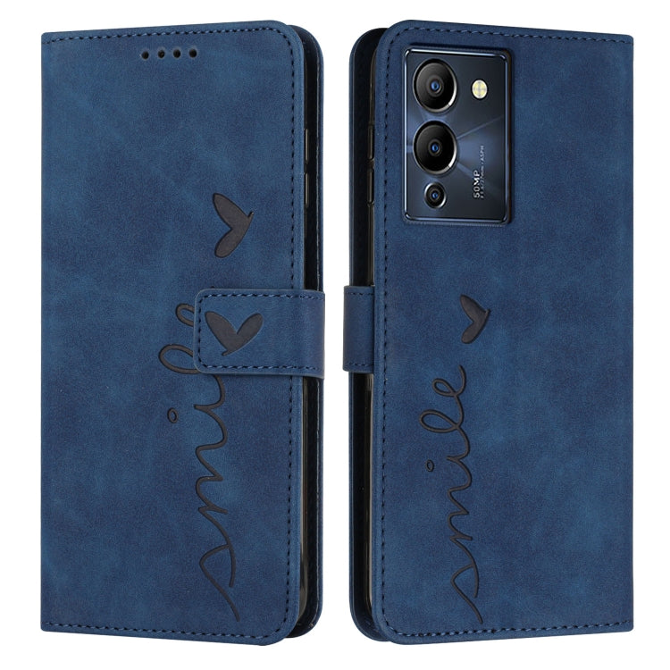 Blue leather phone case with heart pattern, flip cover and cutouts for camera and buttons