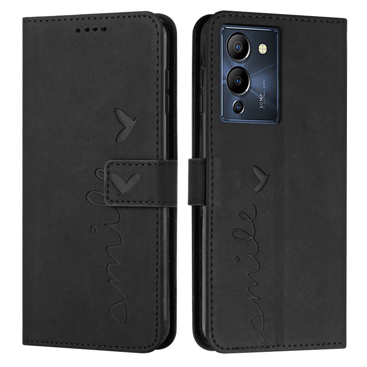Black leather phone case with heart pattern, flip cover and cutouts for camera and buttons