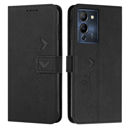 Black leather phone case with heart pattern, flip cover and cutouts for camera and buttons