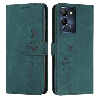 Teal leather phone case with heart pattern and visible camera cutout on back side