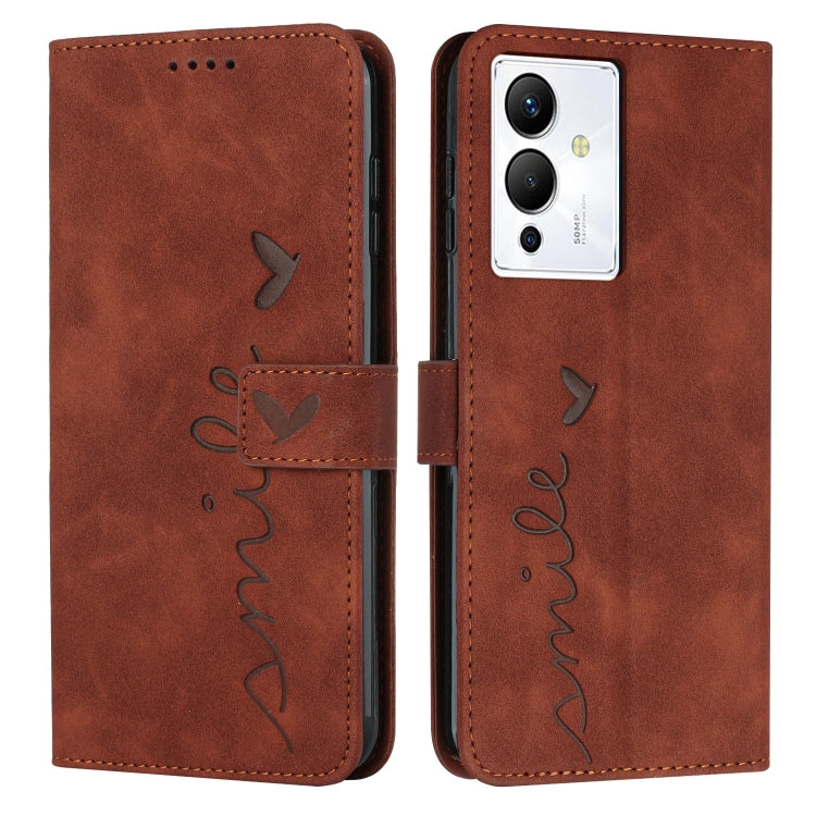 Brown leather phone case with heart pattern and visible camera cutout on back side