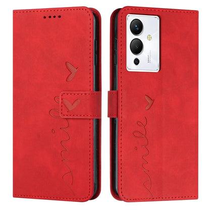Red leather wallet phone case with butterfly and heart pattern, flip cover, camera cutout