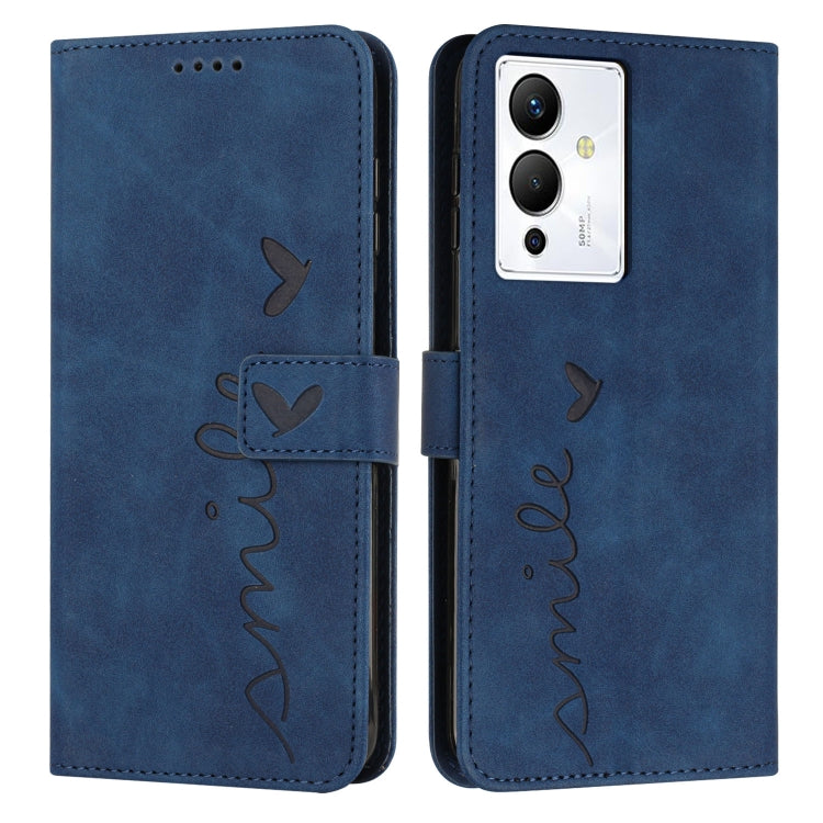 Blue leather wallet phone case with butterfly and heart pattern, flip cover, camera cutout
