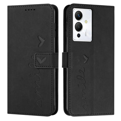 Black leather wallet phone case with butterfly and heart pattern, flip cover, camera cutout