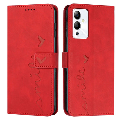 Red leather wallet phone case with butterfly and heart pattern, flip cover, camera cutout