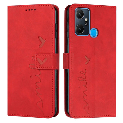 Red leather flip phone case with heart pattern and card holder cutout