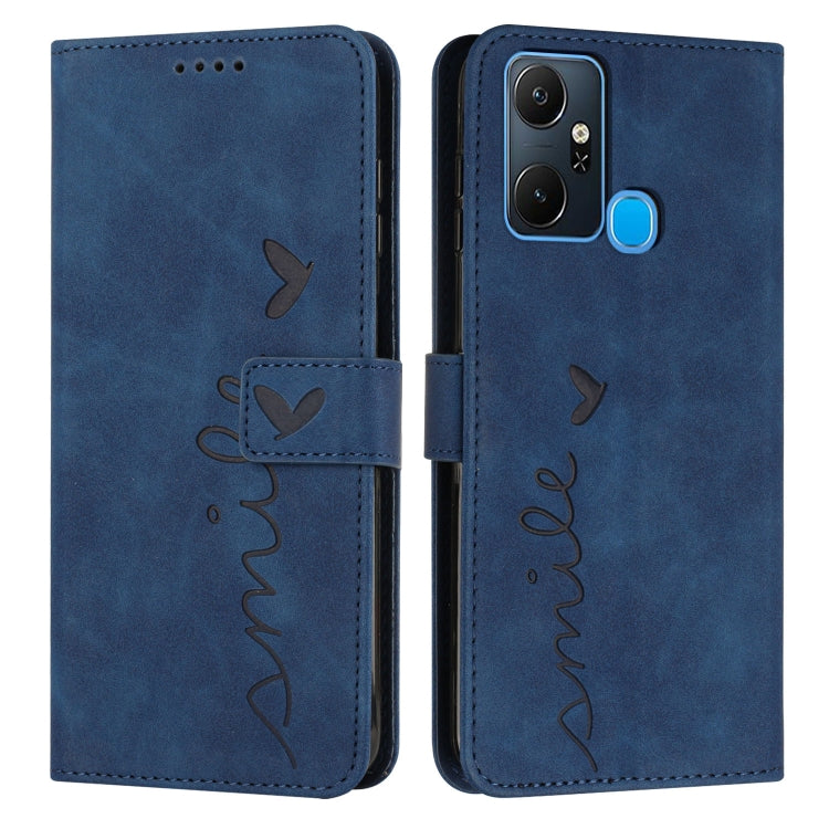 Blue leather flip phone case with heart pattern and cutout for camera