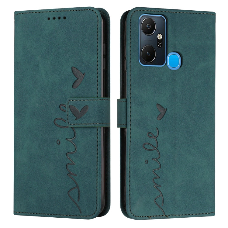 Green leather flip phone case with heart pattern and card slot
