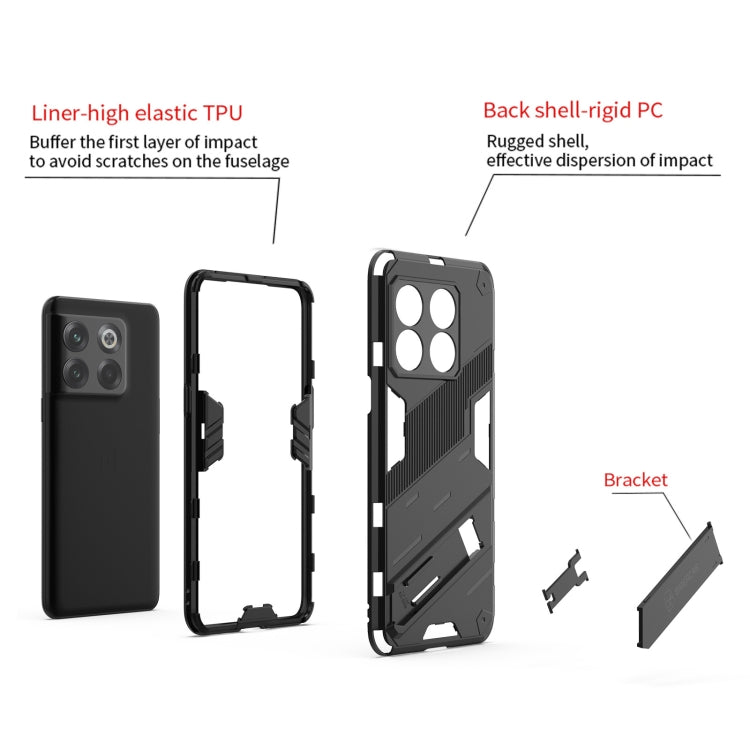 Black rugged phone case with bracket for OnePlus 10T 5G, protective bumper edges