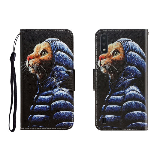 Flip leather phone wallet case with blue cat art, card holder, and wrist strap