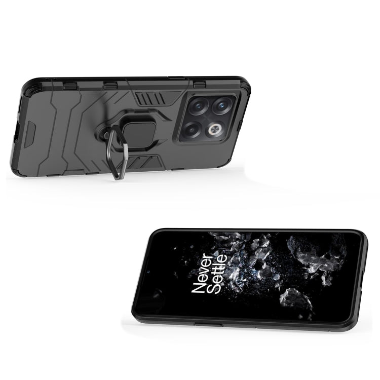 Magnetic ring phone case with TPU bumper, dark gray, showing kickstand ring holder on back.