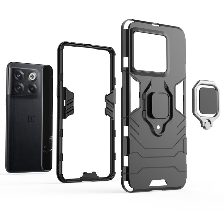Magnetic ring phone case with TPU bumper, black, shown open front cover and ring holder back.