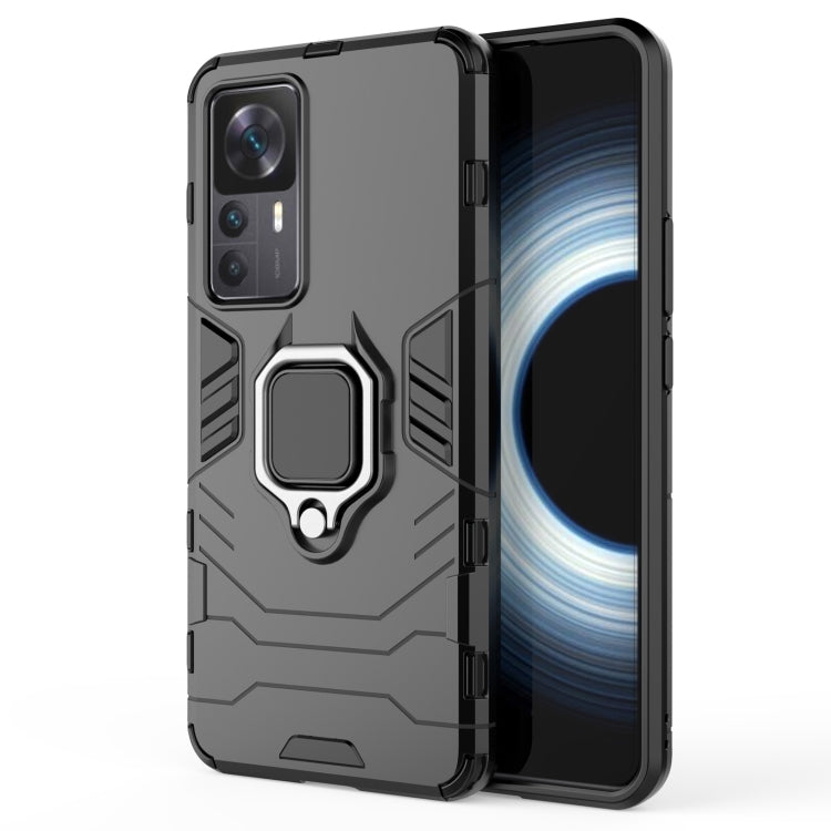 Magnetic ring phone case with TPU bumper, dark gray/black, ring holder on the back plate.