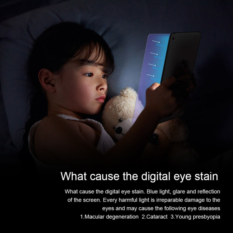 Blue light filtering tempered glass film on tablet screen at night