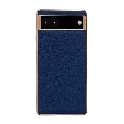 Dark blue textured leather phone case with top camera cutout and slim edge frame