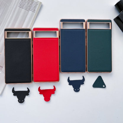 Genuine leather phone case set in black, red, dark blue, and dark green with metal frames