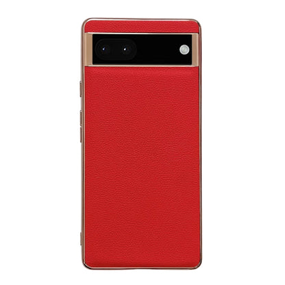 Red textured leather phone case with top camera cutout and gold-tone border