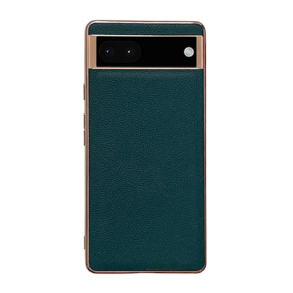 Dark green textured leather phone case with top camera cutout and gold-tone border