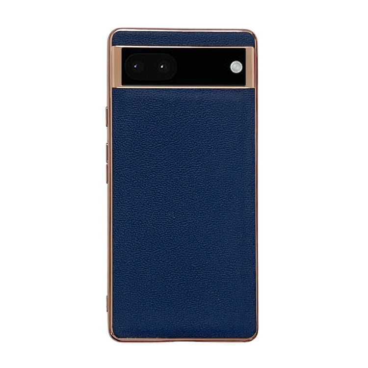 Dark blue textured leather phone case with top camera cutout and gold-tone border