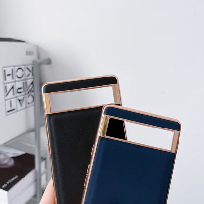 Genuine leather phone cases with black and blue front covers, shown side by side
