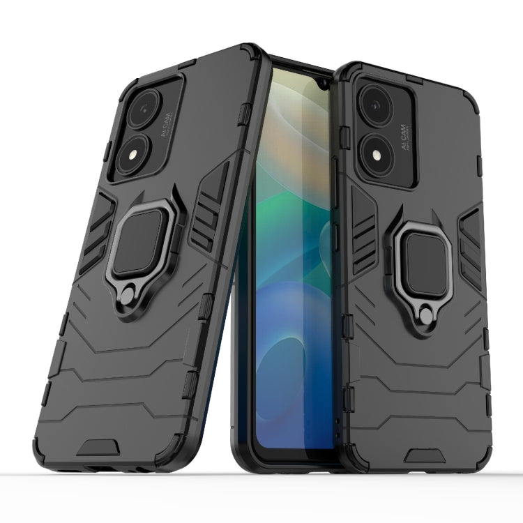 Shockproof phone case with magnetic ring holder, black rugged TPU/PC design