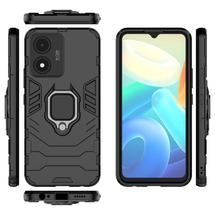 Rugged black shockproof phone case with magnetic ring holder, front and side views