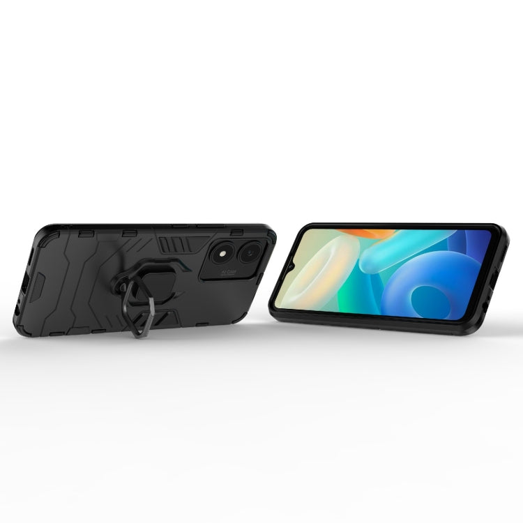 Rugged black shockproof phone case with magnetic ring holder, back and front display views