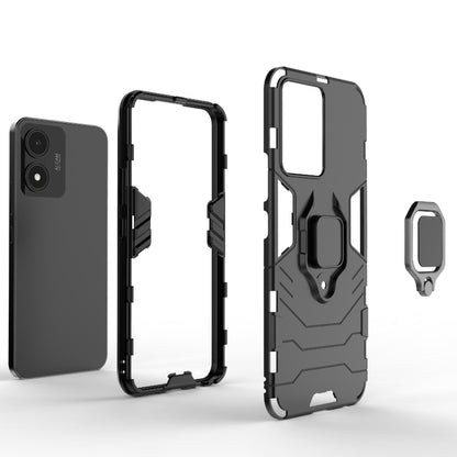 Shockproof phone case with magnetic ring holder, black rugged frame with cutouts