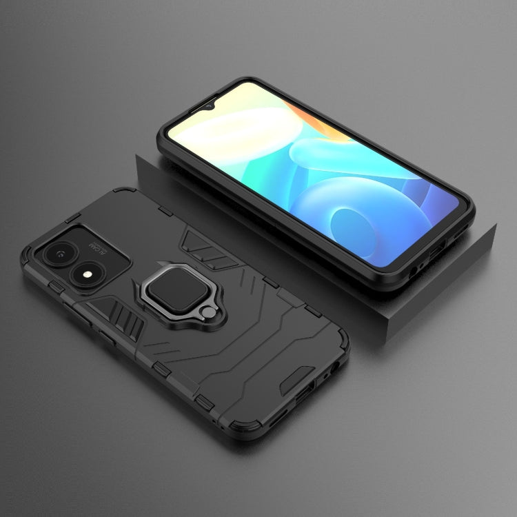 Black shockproof phone case with magnetic ring holder, phone and case angled view