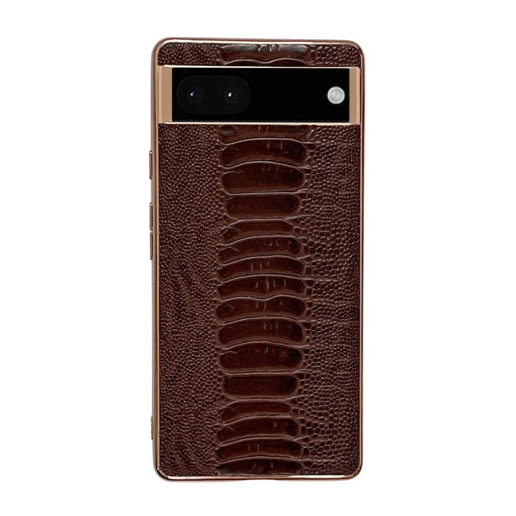 Coffee-brown leather phone case with embossed alligator pattern, camera window
