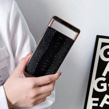 Genuine leather phone case, black textured finish with rose-gold edge