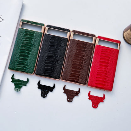 Assorted genuine leather phone cases in green, black, coffee, and red; rose-gold trim