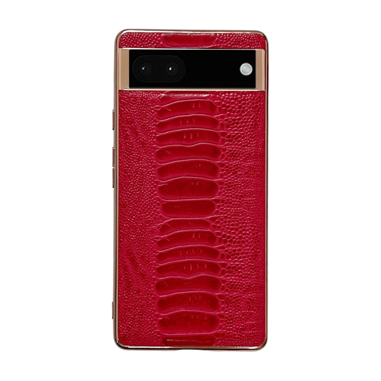 Red leather phone case with embossed alligator texture and camera window
