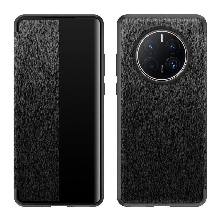 Black leather-look phone case with shockproof TPU frame.