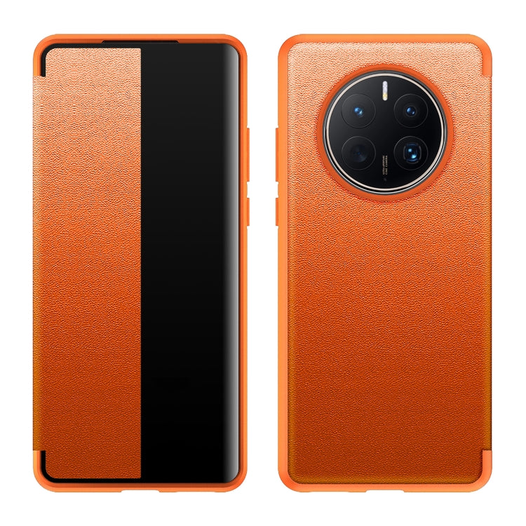 Orange leather-look phone case with shockproof TPU frame.