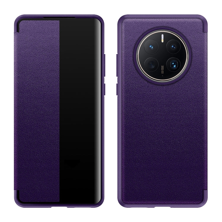 Purple leather-look phone case with shockproof TPU frame.