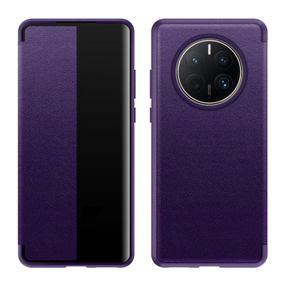 Purple leather-look phone case with shockproof TPU frame.