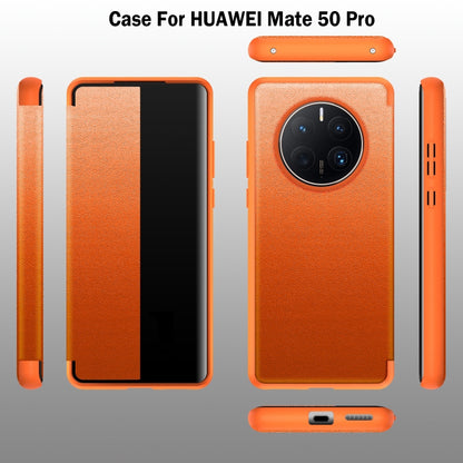 Orange leather-look shockproof phone case set with camera cutout and TPU frame.