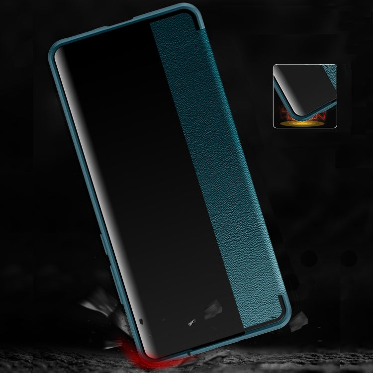 Teal leather-look phone case with shockproof TPU frame and side cutouts.