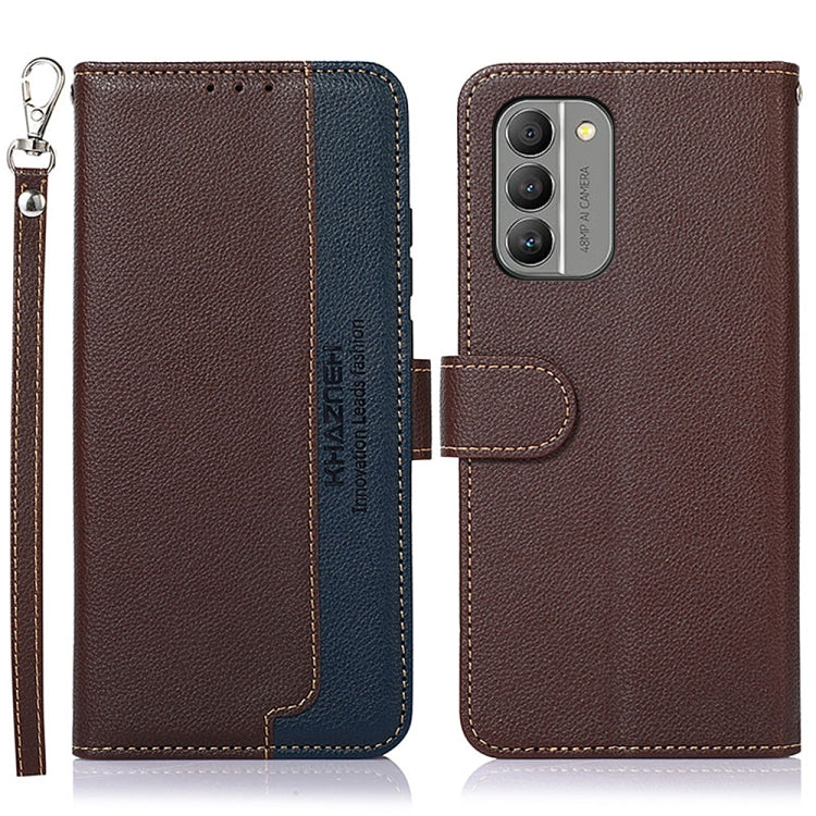 Litchi-texture leather RFID phone case, brown with blue sides, card slot flap