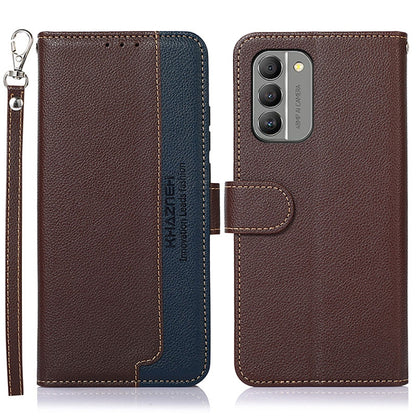 Litchi-texture leather RFID phone case, brown with blue sides, card slot flap