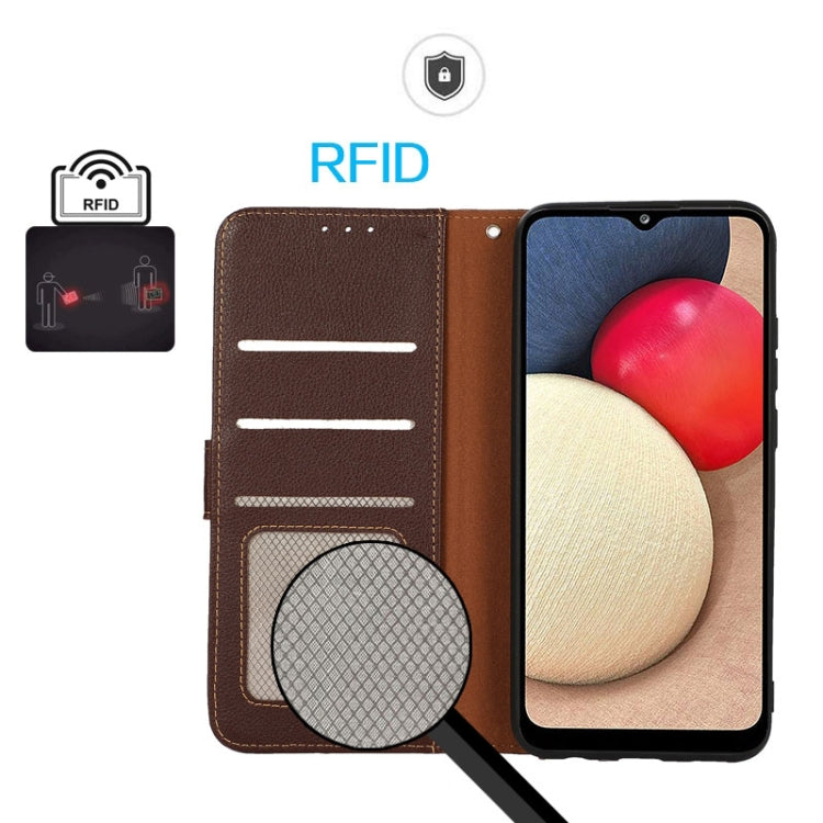 Litchi-texture leather RFID phone case with card slots and wallet panel, brown