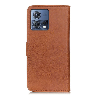 Brown leather flip phone case with camera cutout on the back.