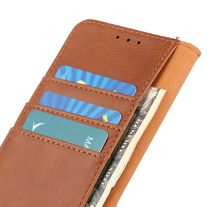 Brown leather flip phone case interior with multiple card slots and cash pocket.
