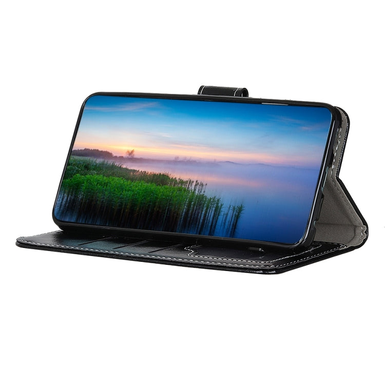 Black textured flip leather phone case with kickstand folio for landscape viewing.