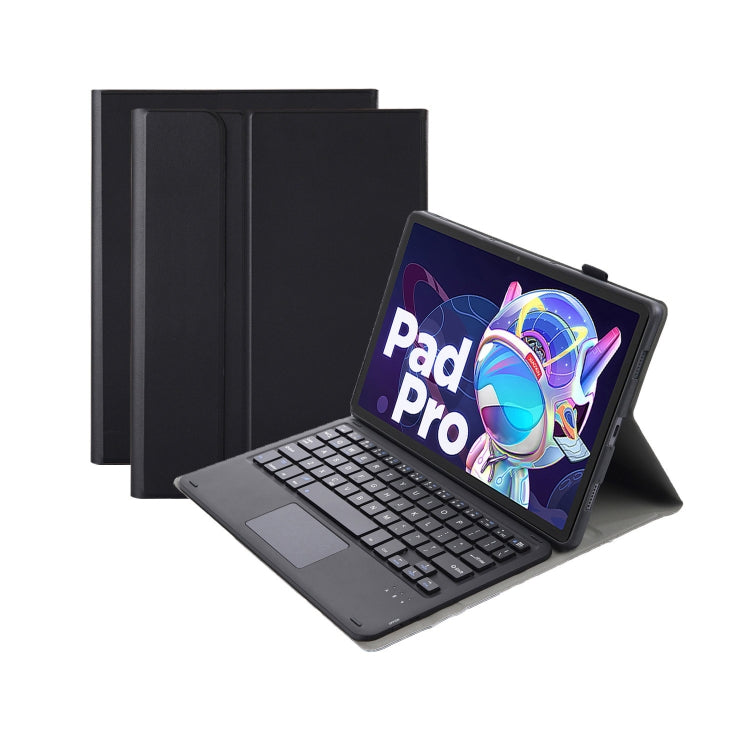Black leather keyboard case with touchpad, foldable stand, and built-in Bluetooth keyboard